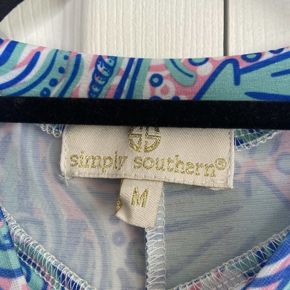 Simply Southern Seashell Print Cold Shoulder Dress Size Medium Blue Pink Stretch - Picture 5 of 9